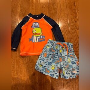 Flap Happy Kids Rashguard & Swim Trunks Set - Navy and Orange 18 Months